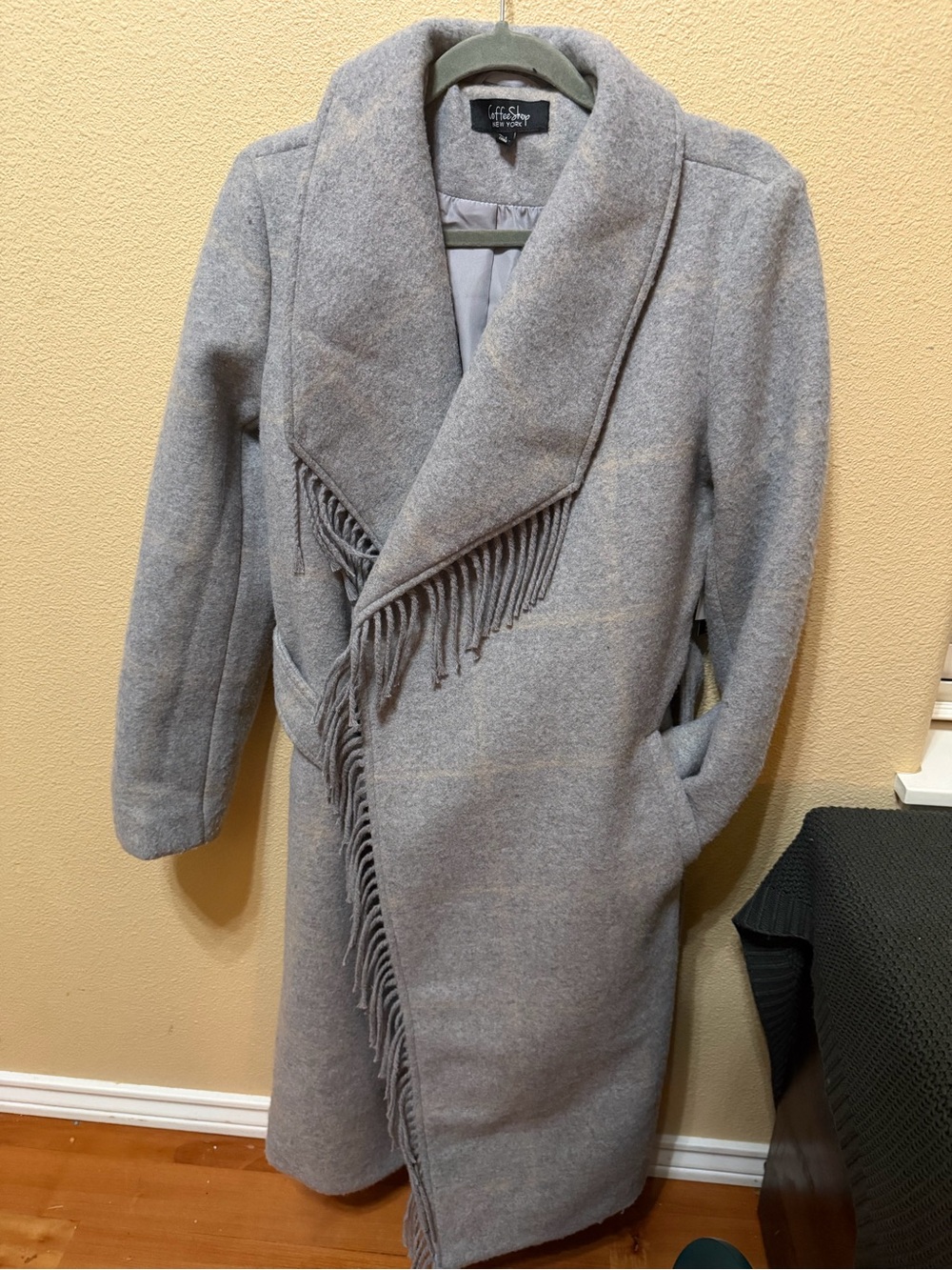 CoffeeShop Gray Fringe Shawl Collar Trench Coat